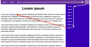 Screenshot showing the nav drawer open, the drawer opens from the right, directly below the hamburger button, my arrows indicate the tab sequence to be Primary nav links (x 3) > Hamburger button > secondary nav (the drawer) links (x 8) > The link in the main content container