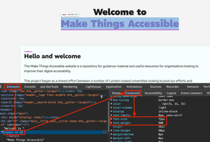 Screen shot of Make Things Accessible Home page. the DevTools show the node with the text Make Things Accessible, is highlighted in the Elements pane