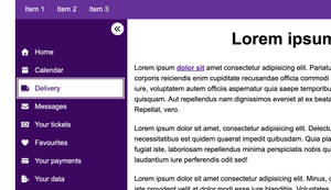 Screenshot showing the same nav as before, in its fully open state. Adjacent to each of the icons is their respective text labels, an item has focus showing a revised focus indicator that fits the new wider width. The double chevron that previously pointed towards tha main content has now rotated 180 degrees, to again show the diraection of travel, the chevron button remains on the right-most edge of the drawer.