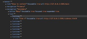 Screenshot of the whole page Accessibility tree open in Chrome's DevTools. As we have created the parent child relationship with aria-owns, between the parent nav element and the drawer which is not a child in the DOM, it shows that we have reestablished that relationship