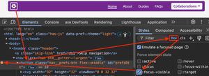Screenshot of the Chrome DevTools, showing focus-visible forced on an element, the steps are listed below