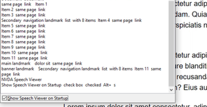 Screenshot of NVDA's Speech Viewer, confirming the expected output from using the aria-owns property does work as intended and informs a user that they are back in the Secondary navigation, should they reverse back into the drawer
